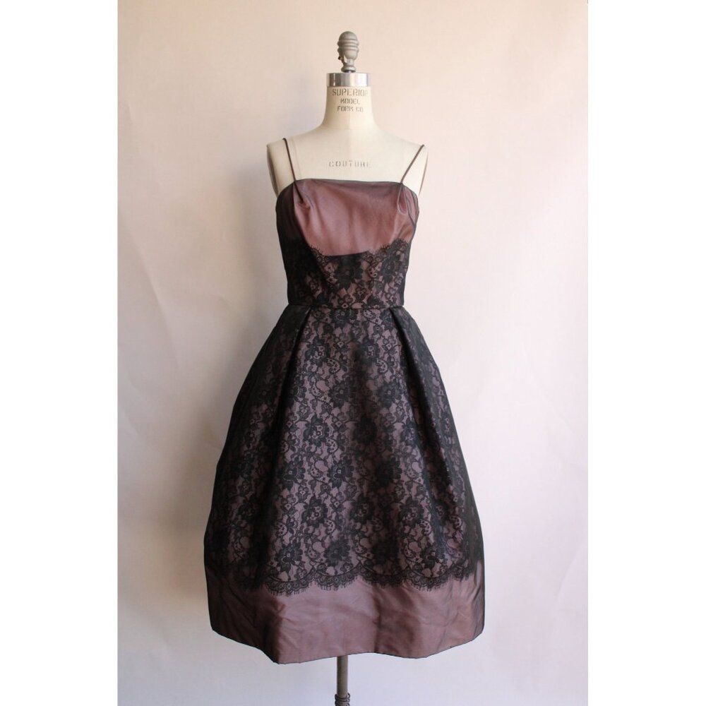 Vintage 1950s Dress, I Magnin Black and Pink Lace Fit and Flare, Extra Small - Picture 2 of 10